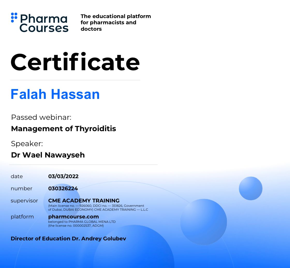 A faculty member at the College of Pharmacy receives a certificate of participation in an international workshop on the thyroid gland
